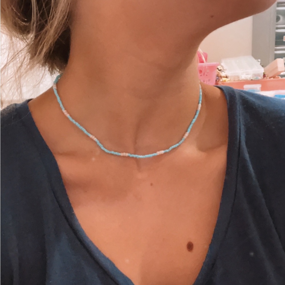 Blue and white seed bead necklace